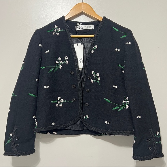 Zara Floral Embroidered Black Blazer Jacket Small Preppy Casual Dark Academia - Picture 2 of 13
